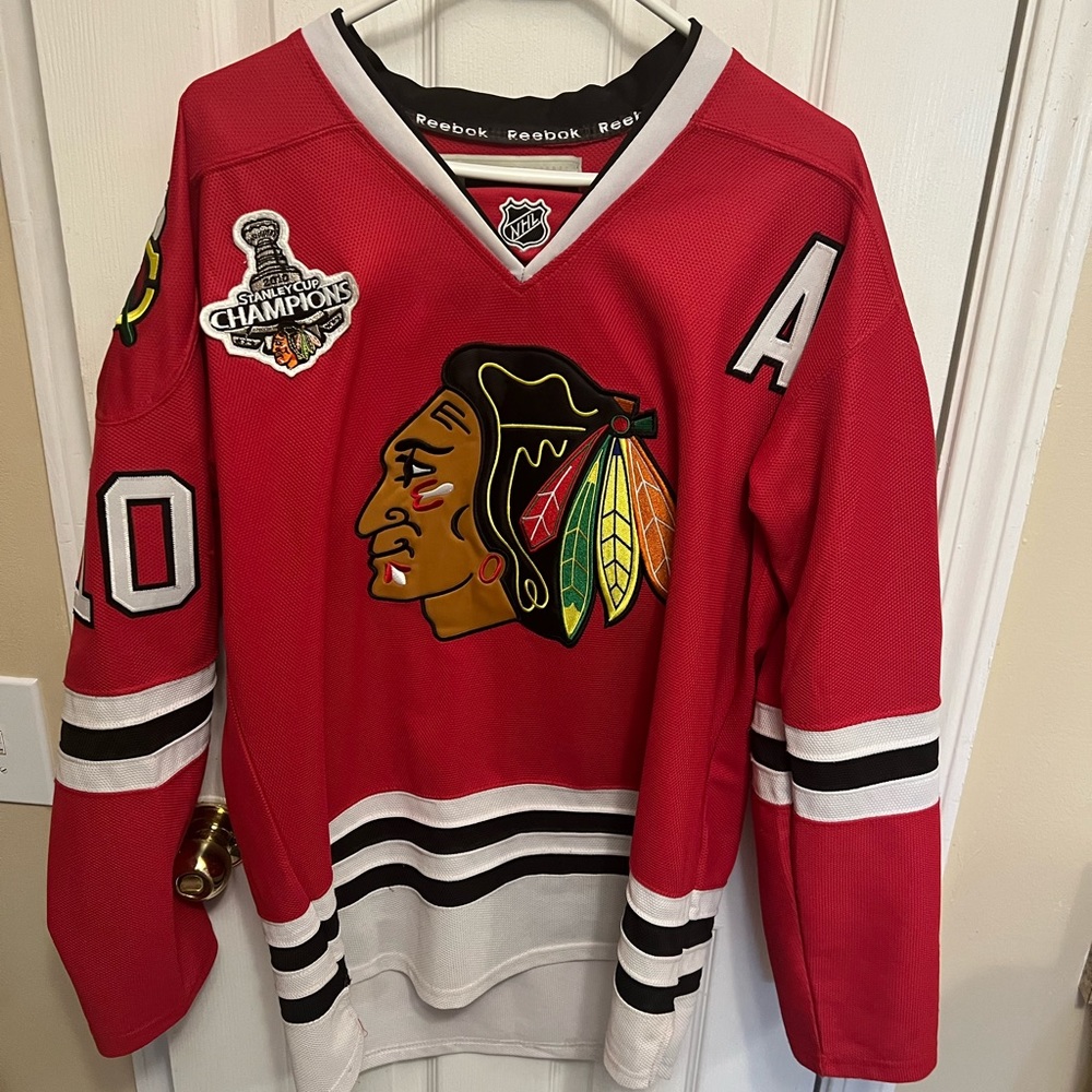 Patrick Sharp Blackhawks 2010 SC Champions Size 48 Reebok Hockey Jersey